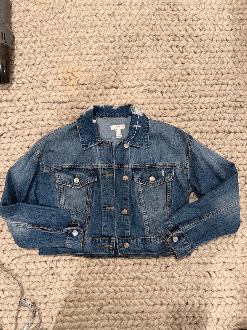 Forever 21 Women's Distressed Blue Cropped Denim Jacket